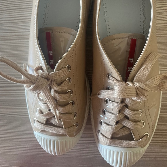 PRADA Beige Powder Patent Leather Sneakers with PRADA Dust Bag - Picture 2 of 16